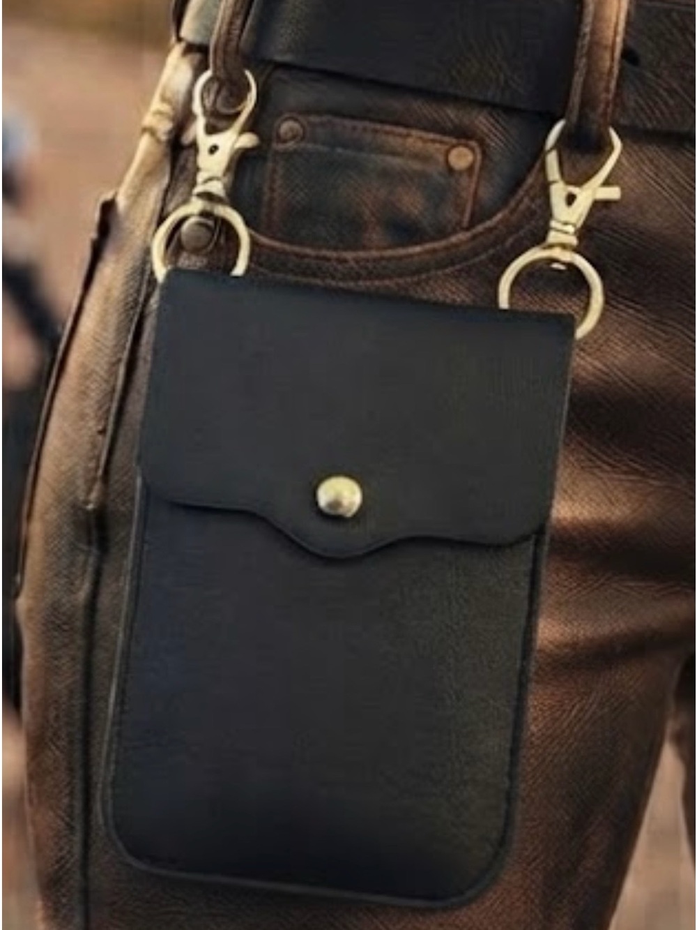 Black Faux Leather Biker
Pouch/Phone Holder- Hip Clip with Gold Hardware - Sleek